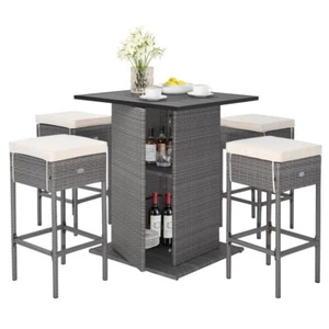 5 Pcs Outdoor Wicker Bar Table Set w/ Hidden Storage Shelf 4 Cushioned Bar Stool - Picture 1 of 17