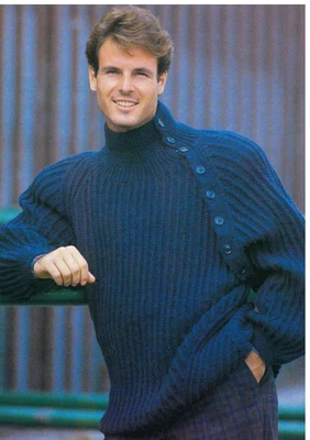 Men’s Ribbed Sweater Knitting Pattern Copy – Patons DK Buttoned Raglan Shoulder - Image 1 of 3