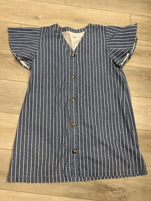Mud Pie 海军蓝和白色条纹棉质连衣裙,荷叶袖,尺寸 L — 第 1/4 张图片