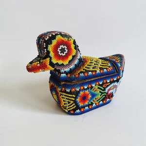 Vintage Huichol Perlen mexikanische Volkskunst Ente auf Holz versteckte aufklappbare Schmuckschatulle - Bild 1 von 24