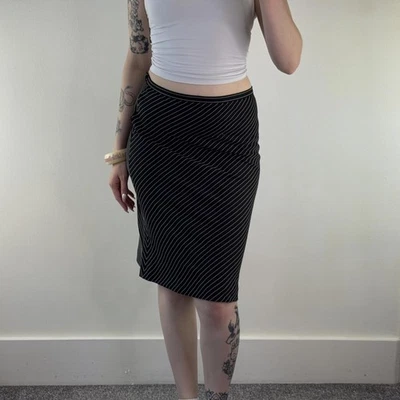 Y2K vintage pinstripe diagonal stripe midi skirt knee length black white  - Image 1 of 4