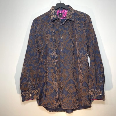 1 LIKE NO OTHER Men's Damask Brown Velvet Print Blue Shirt Colorful Trim Size XL - Image 1 of 4