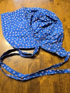 Vintage Handmade Blue Cotton Floral Hat Hood Cap Chapeau Bonnet S-M - Picture 1 of 2