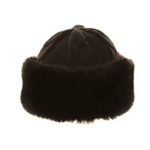 LADIES BLACK KNITTED HAT WITH WIDE FAUX FUR BAND WOOLY WOOLEY WINTER WOMENS - Picture 1 of 3