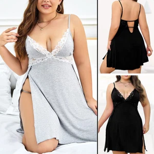 Plus Size Sexy Babydoll Lingerie Lace Cotton Chemise Side Slit Nighty Sleepwear - Picture 1 of 34