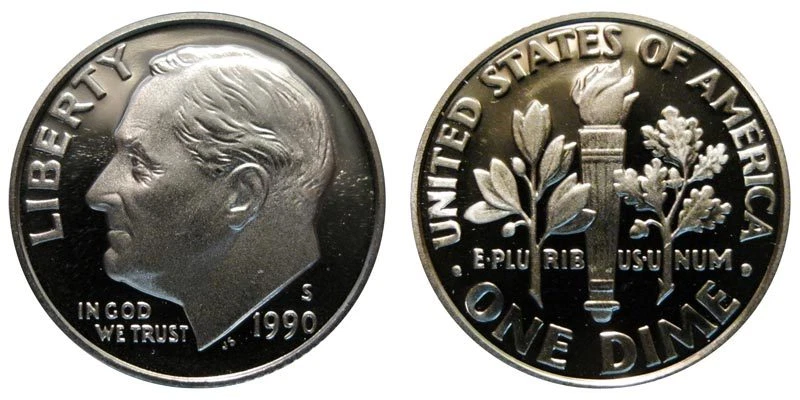 1990 S PF GEM BU PROOF ROOSEVELT DIME 10 CENT BRILLIANT UNCIRCULATED COIN#4254 - Image 1 of 1