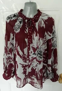 MONSOON S Wine Burgundy Black White Pleated Crinkle Tie Neck Sheer Blouse Top - Picture 1 of 7