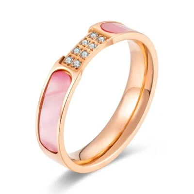 5mm Pink Shell AAA Cz Bands Women's Gift Titanium Steel Engagement Ring Size 5-9 - Image 1 of 4