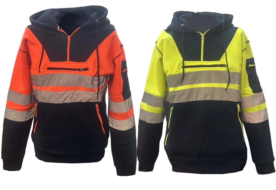 Men Hi Viz Vis High Visibility Jacket Hoodie Work 4 Zip Hooded sweatshirt Fleece - Image 1 of 1