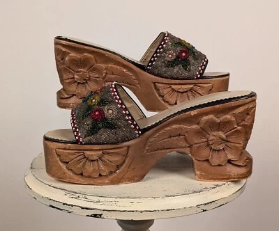 VINTAGE 1970’S HAND CARVED PLATFORM HIGH HEEL SHOES W FLORAL BEADING - Image 1 of 4