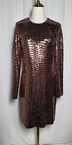 Gianni Bini Mini Bodycon Dress 8 Long Sleeve Gold Brown Sequin New Year $199 - Picture 1 of 14
