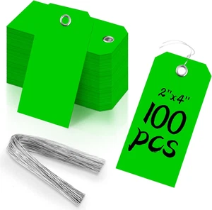 100 Pieces 2X4 Inch Green Plastic Shipping Tags with Wires Heavy Duty Hang Tags  - Picture 1 of 12