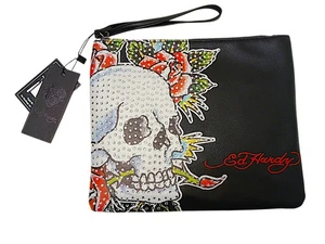 NUOVO Ed Hardy Wrislet scintillante perline zip pochette nera borsa moto teschio rose punk - Foto 1 di 18