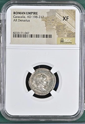 Imperio Romano Caracalla AD 198-217 AR Denario rev. XVIII COS IIIPP NGC XF Foto 1 de 4
