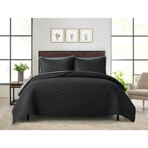 Mainstays 7 Piece Black Reversible Quilt Set with Dark Gray Sheets, King - Picture 1 of 3