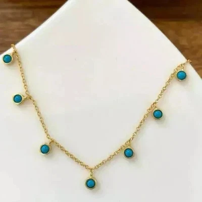 2 Round Lab Created Blue Turquoise Necklace Chain 14k Yellow Gold Plated - Image 1 of 3