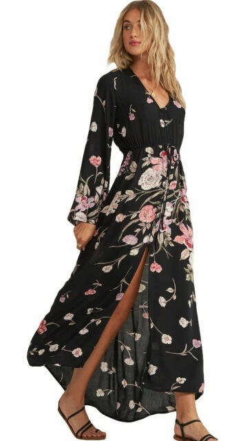 Billabong Desi Kimono Maxi Dress for Women - Black Floral, Size - L