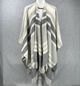 New Banana Republic Striped Wool Blend Poncho Fringe OS Ivory Gray Italy $118 - Picture 1 of 7