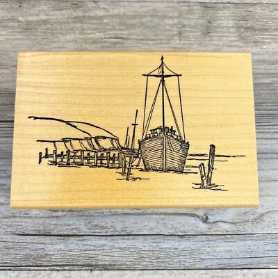 Art Impressions 木质橡皮图章帆船码头 P-1493 1996 — 第 1/4 张图片