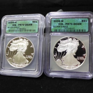 Lot of (2) 2004 W & 2006 W PROOF SILVER EAGLES ICG PR70 DCAM GREEN LABEL - Picture 1 of 6