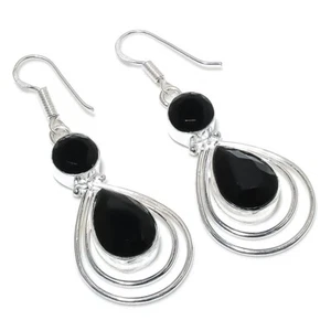 Black Spinel Gemstone Handmade 925 Sterling Silver Jewelry Earring Size 2" - Picture 1 of 1