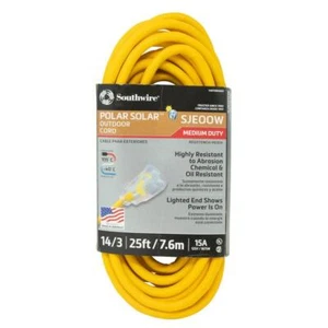 Outdoor Heavy-Duty Extension Cord 25 ft 14/3 SJEOOW Yellow Cold Weather Lit Ends - Picture 1 of 6