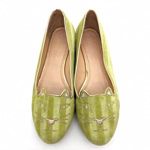 Charlotte Olympia Green Striped Velvet Cat Kitten Flats Women's US 7.5 EU 37.5 - Picture 1 of 9