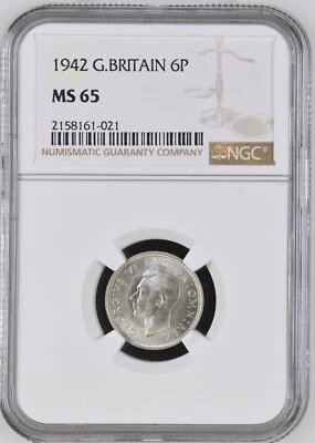 Great Britain - 1942 George VI Silver 6 Pence - NGC MS65 - FINEST @ NGC TOP POP! - Image 1 of 2