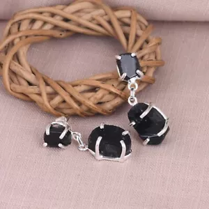 Pendientes de plata esterlina 925 de obsidiana negra cruda natural curación boda joyería - Imagen 1 de 10