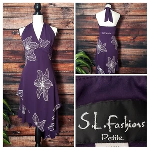 SL Fashions Vintage 90s Dress 8P Halter Purple Floral Side Zip Asymmetrical USA - Picture 1 of 13