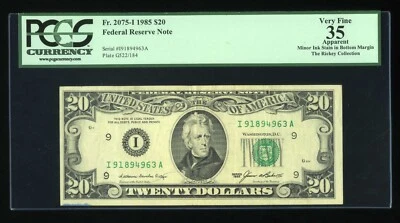 DBR 1985 $20 FRN Minneapolis Fr. 2075-I PCGS App 35 Serial I91894963A - Image 1 of 2