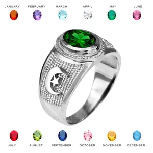 Sterling Silver Crescent Moon Band Islamic Birthstone CZ Ring - Picture 1 of 24