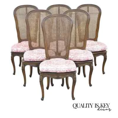 Vintage French Provincial Louis XV Walnut Cane Dining Side Chairs - Set of 6 - Image 1 of 4