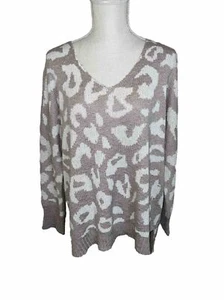 La Miel Women’s Sweater Large Cream Pink Animal Print Dolman V-Neck - Picture 1 of 12