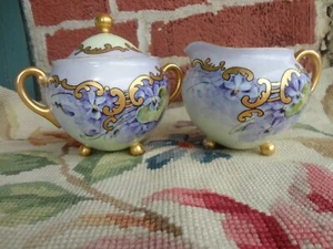ANTIQUE O&EG ROYAL AUSTRIA ARTIST SGD VIOLETS LOTS GOLD PORCELAIN CREAMER SUGAR - Picture 1 of 10