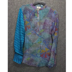 Cofur Damen Seide Bunt Print Langarm Pullover Bluse Oberteil Blau S M - Bild 1 von 5