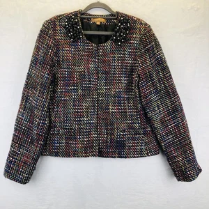 Blazer Ellen Tracy Talla 14 Tweed Traje Chaqueta Cuentas Corte Cuello Elegante Negro - Imagen 1 de 11