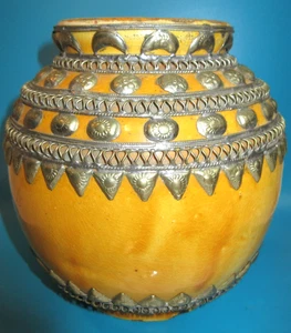 VINTAGE/ANTIQUE~ MUSTARD COLORED POTTERY POT APPLIED SILVER OVERLAY~7 1/4" TALL - Picture 1 of 20