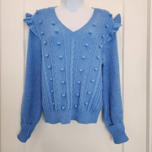 Lilly Pulitzer Greta blau Bommelstrick Pullover Twee Cottagecore adrette Rüschen Medium - Bild 1 von 10