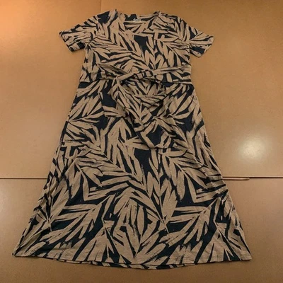 Denim & Co Womens Size Medium Black Brown Palm Print  Tie Waist Midi Dress New - Image 1 of 4