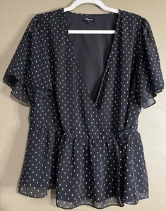 MADEWELL Black White Polka Dot Short Sleeve Flutter Waist Shirt size Large - Picture 1 of 7