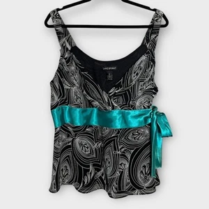LANE BRYANT Y2K Babydoll Black/white print crossover tank with teal satin tie 18 - Picture 1 of 3