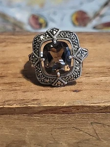 Seltener Vintage großer rauchbrauner Quarz Edelstein Markasit 925 SS Ring 10,25 mm - Bild 1 von 9
