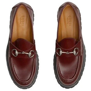 NEW Gucci Lug Sole Leather Loafer with Horsebit Chunky Boredeaux Women Size 37 - Picture 1 of 15