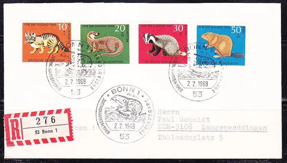 Germany 1968 Erstagbrief FDC registered cover Animals Sc B430-433 Mi 549-552 - Image 1 of 1