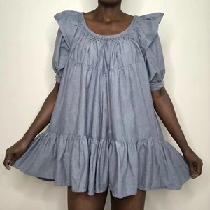 Free People Amelie Denim Chambray Mini Baby Doll Ruffle Dress Size Small - Picture 1 of 5