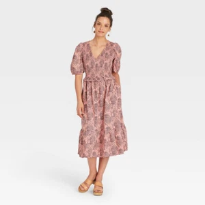 Universal Thread Women's Frilly Puff Dress 3/4 Sleeve Jumpsuit Coral Pink Floral - Picture 1 of 1