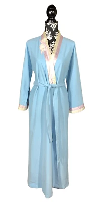 Vanity Fair халат женщин Sz M длинный синий бархат галстук шикарный слоновой кости розовый отделки винтажный 70-х - Изображение 1 из 4