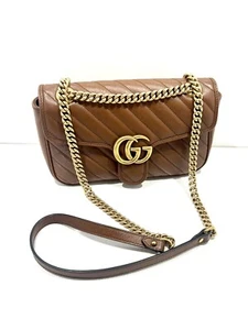 Gucci Brown Diagonal Quilt Leather Small GG Marmont Gold Chain Shoulder Bag - Picture 1 of 24