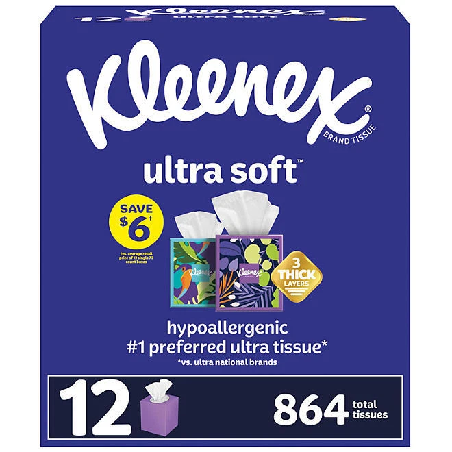 Kleenex Ultra Soft 3-Ply Facial Tissues Cube Boxes (85 tissues/box 12 packs)
